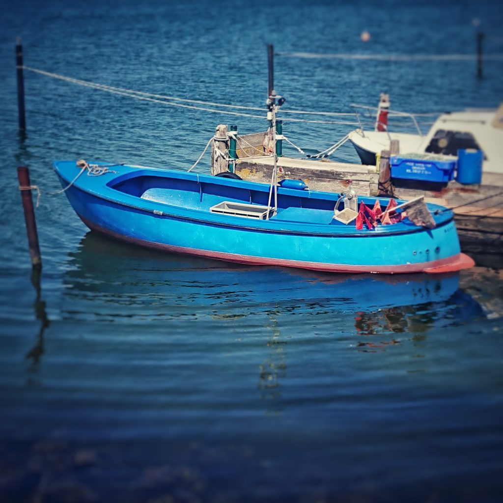 Buon Ferragosto! Oder warum wir im August eine Woche Betriebsferien machen. Das Bild zeigt ein kleines blaues Fischerboot auf sehr blauem Wasser: Was wir nur hier verraten: das Foto wurde nicht im Süden, sondern an der Schlei-Mündung aufgenommen.