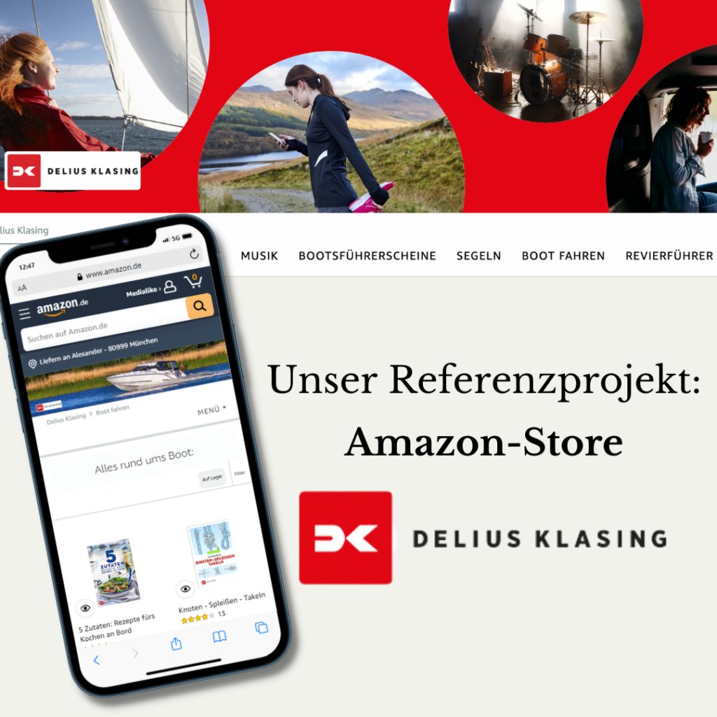 Unsere Referenz: Amazon-Store für Delius Klasing. Das Bild zeigt ein Handy auf dem die Mobil-Ansicht des Stores zu sehen ist sowie ein Banner, der den Header des Amazon Stores zeigt.
