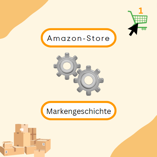Beitragsgrafik: Amazon-Store und Markengeschichte. Die beiden Begriffe sind auf der Grafik durch zwei Zahnräder verbunden. Rechts oben ist das Symbol des Amazon- Einkaufswagen. Links unten ein Stapel Amazon Pakete