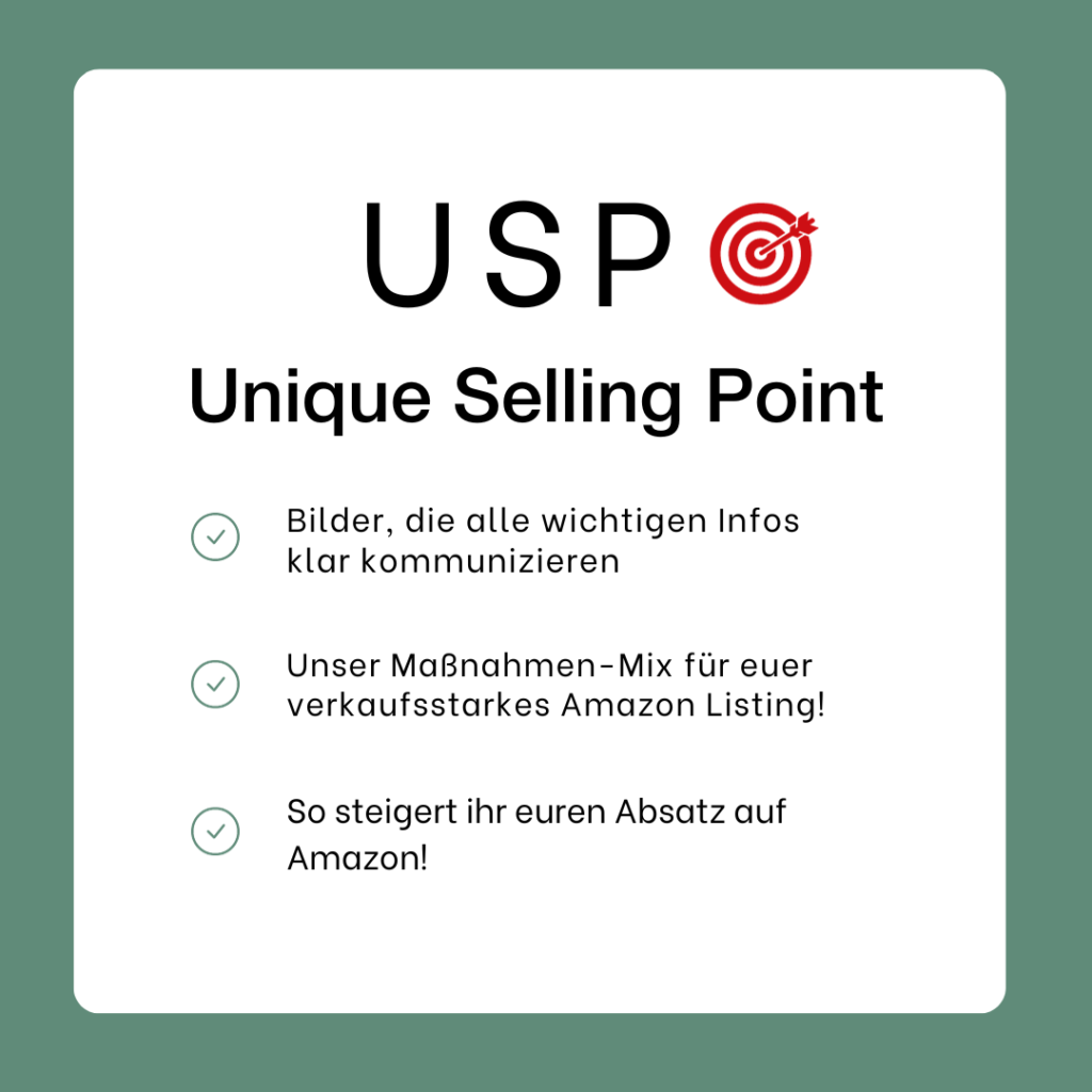 Grafik mit Schrift: Mit USP Bildern, also Grafiken, die alle wichtigen USPS des Produkts visualisieren, das Amazon Listing verbessern. Unser Maßnahmen-Mix - für Amazon - So steigert ihr euren Absatz auf Amazon.