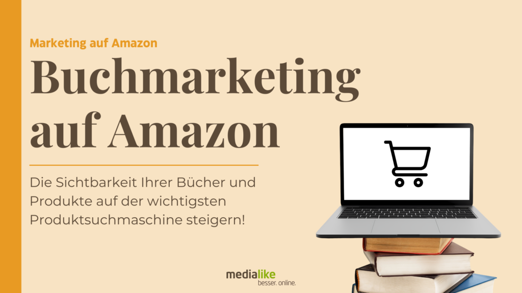 Grafik zum Thema Buchmarketing auf Amazon mit Laptop und Büchern – mehr Sichtbarkeit für Bücher durch professionelles Marketing auf der wichtigen eCommerce-Plattform Amazon